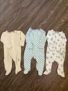 Magnetic Me Yellow Stripe, Mint Check & Cream Tree Print Footed One-Pieces